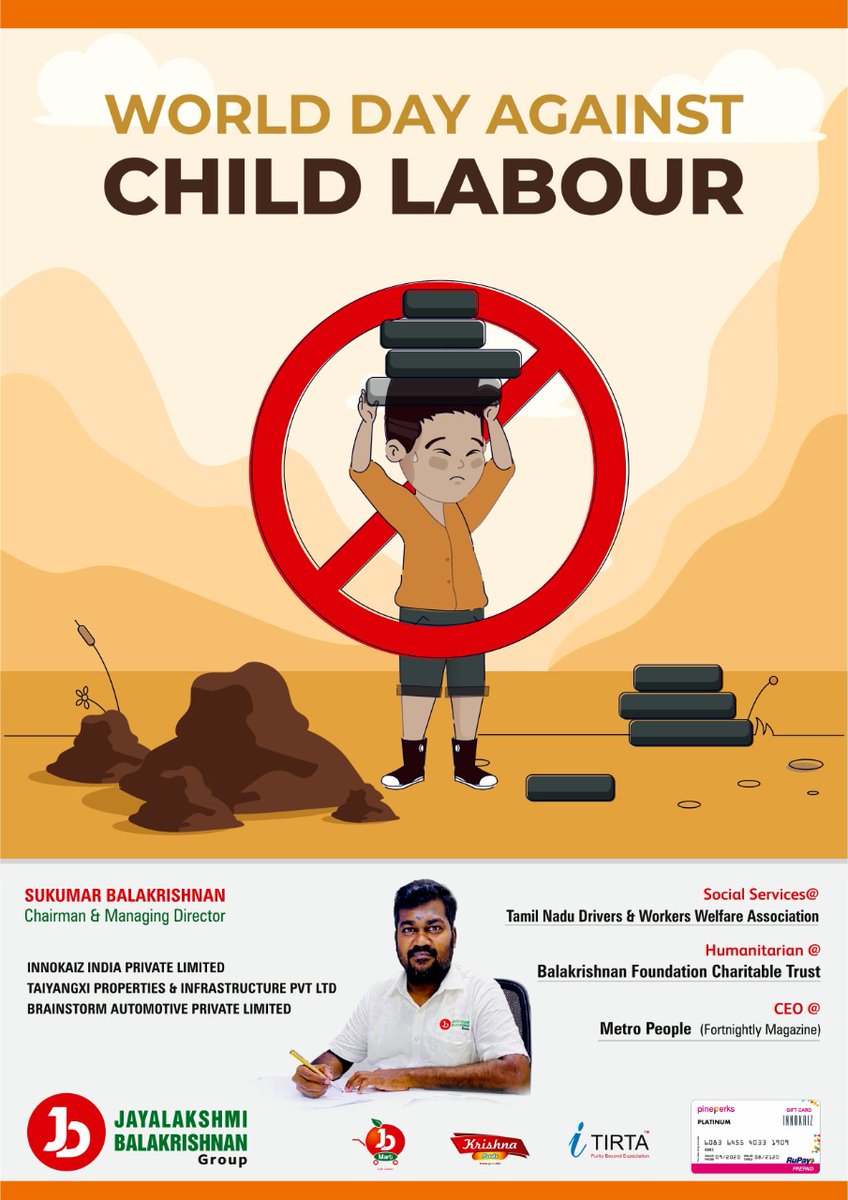 kaizensukumar's tweet photo. On #World_Day_Against_Child #Labour, let us take a pledge to eliminate child labour. Due to #Covid19 there has been an increase in the number of #child_labourers due to loss of #family income, and so, we must push harder to eradicate the practice and provide better alternatives. https://t.co/3AWsPjFXhy