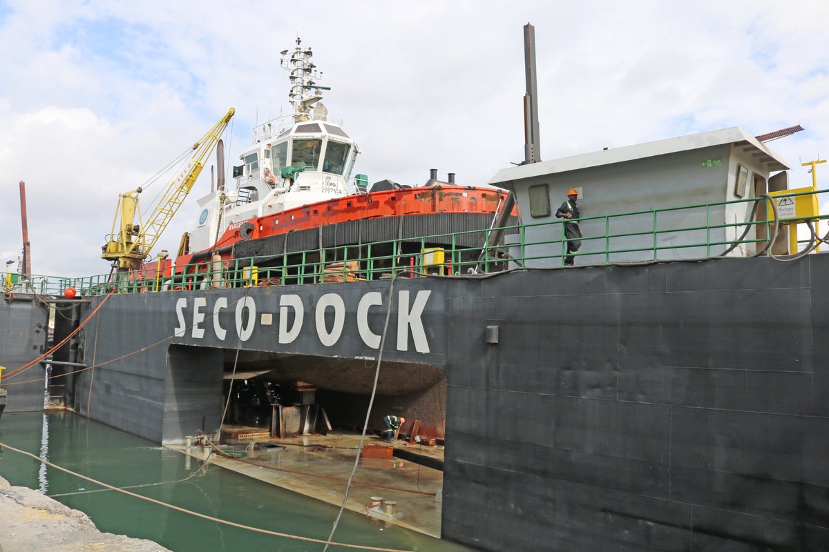 secoafrica's tweet photo. Eugene, a 32m Tug Boat belonging to the @Kenya_Ports, dry-docked for repairs at our shipyard in Mombasa.

#SECO #Alphagroup #Mombasa #shipyards #shiprepair #maintenance #refitting #conversions #docking #drydock #maritime #kenya https://t.co/gRenr36lMH