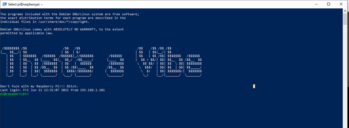 RolfeShepsky's tweet photo. I've been learning more comp sci, linux, javascript and python, so I'm at that stage where I customized my SSH access welcome screen on my raspberry pi :P #nerd #raspberrypi #donthackmepls https://t.co/HH92iMWMJE