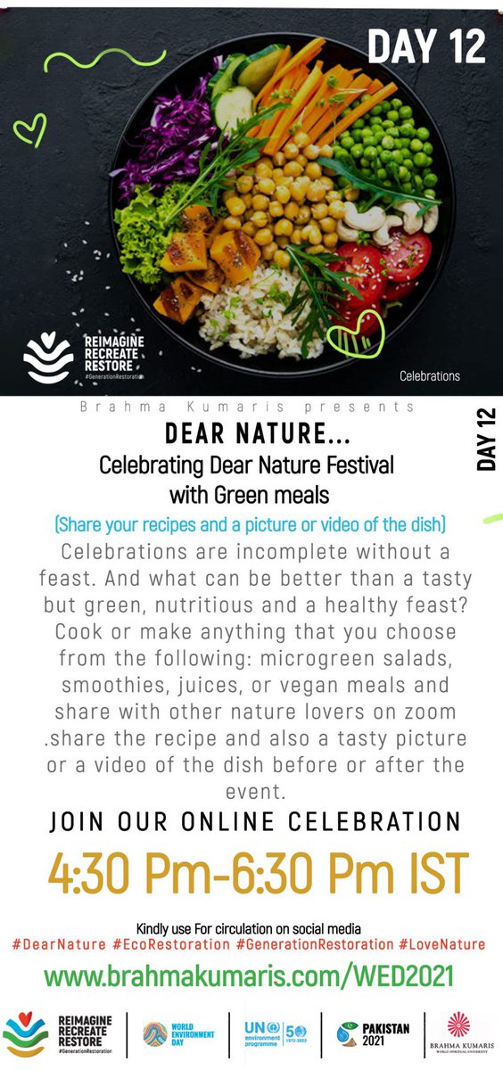 EcoBrahmaKumari's tweet photo. Day12, 12June, 4:30-5:30pm IST, #DEARNATURE: Meditation 4 Nature - Green Meals
https://t.co/oJH5mhpeee
https://t.co/zOkDwliN34
#EcoRestoration #GenerationRestoration #LoveNature Join our positive & powerful thoughts of healing for restoring Mother Nature’s health. #foodie https://t.co/aKuy4rxWA3