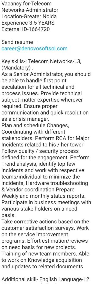denovosoftsol's tweet image. #denovojobs #denovo
Vacancy for-Telecom Networks-Administrator
Location-Greater Noida
Experience-3-5 YEARS
External ID-1664720

Send resume – career@denovosoftsol.com
#telecomnetwork #techsupport #telecom #developer