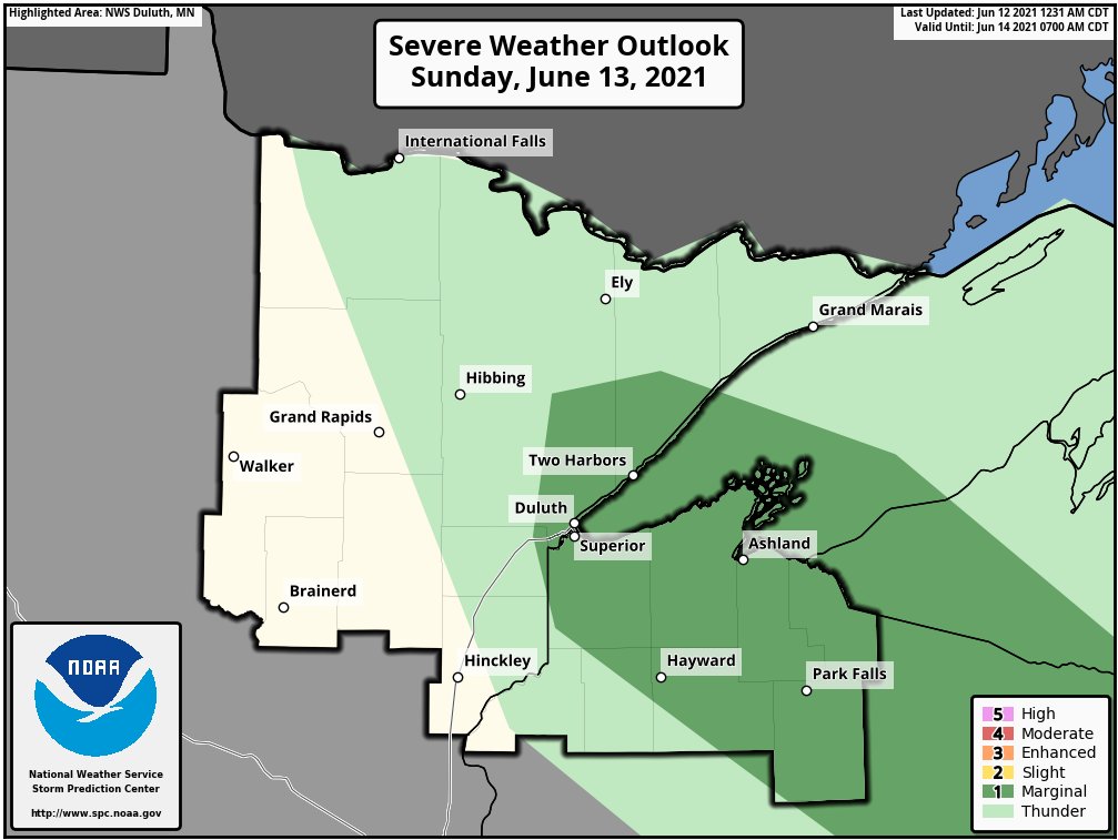 Heads Up Tourists and Campers!

Strong thunderstorms are possible #Sunday across portions of NE #Minnesota and NW #Wisconsin including @LakeSuperior

Marginal #hail along with a few strong #wind gusts are the main expected hazard.

#MNwx #WIwx ##Duluth #TwoHarbors #Ashland https://t.co/y5Vbn0l6oa
