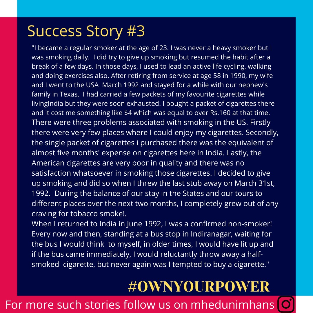 mheduNIMHANS's tweet photo. Here is the third success story of our campaign #OwnYourPower.
Quitting Tobacco maybe a hard decision to take and put into action but never an impossible one.
Send in your entries and let's share to inspire ✨
#committoquit #quittobacco #worldnotobaccoday2021 #ntql #smokingkills https://t.co/d7Cr83G6OC