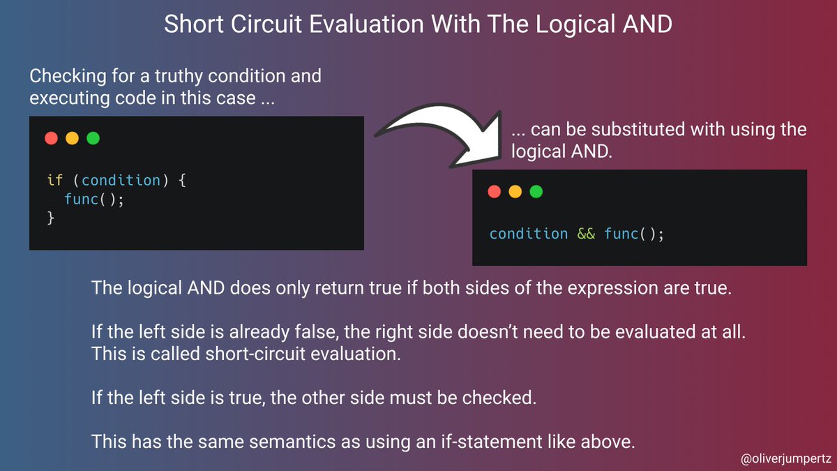 oliverjumpertz's tweet image. 💛 JavaScript tip 💛
You can substitute an if-statement checking for a truthy value with an expression using short-circuit evaluation and the logical and!👇🏻