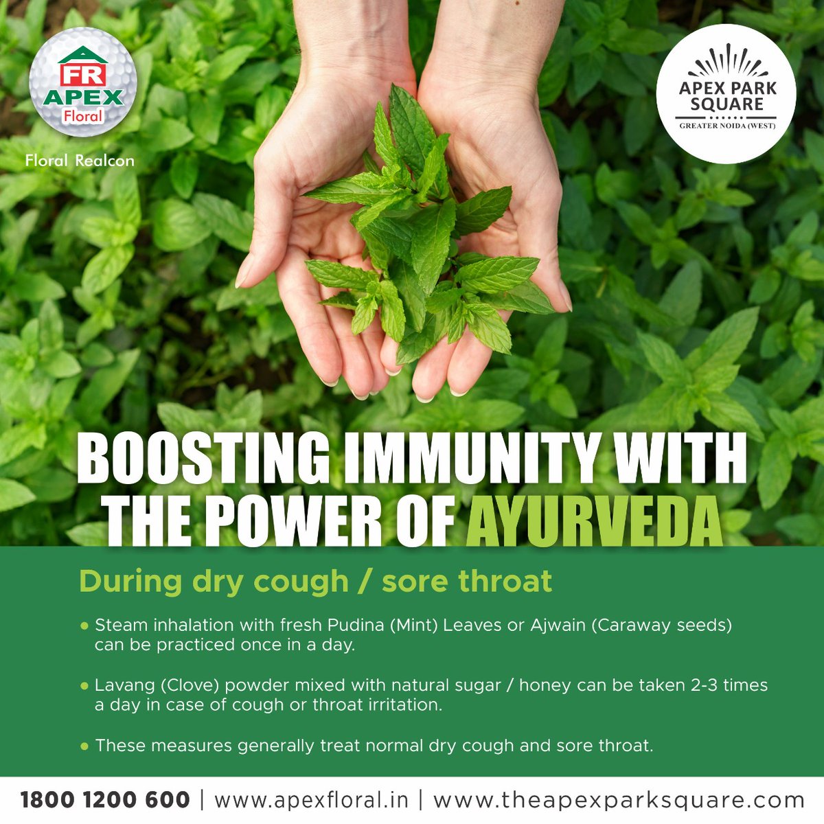 apex_parksquare's tweet photo. Boosting Immunity With the Power of Ayurveda!
During Dry Cough/Sore Throat -
#Covid-19 #WearFaceMask #ApexParkSquare #WashHands #AvoidContact #BreakTheCoronaChain #StaySafe #SocialDistancing #TogetherAgainstCOVID19 #CommercialProperty #RetailSpaces #BoostingImmunity https://t.co/NbaTNYYp0B