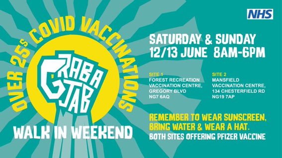 nottmhospitals's tweet photo. 🚨#GrabaJab this weekend! 🚨

25 or over? Not had your 1st Covid-19 vaccine dose?

Walk in to any 1 of 4 vaccination centres today &amp; tomorrow. 
💉🚶🏽🚶‍♂️🚶‍♀️

QMC ALSO open Mon &amp; Wed (Pfizer only).

No need to book, bring: 

ID ✅ 
face mask ✅ 😷
water ✅🌞

https://t.co/50kuPhyHIv https://t.co/vYs7wVKgcY