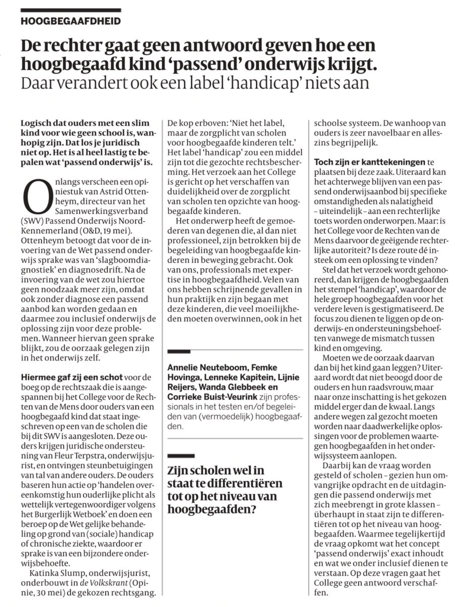 Ingezonden brief Volkskrant. Even los van hoogbegaafdheid, maar dit is kern van ‘Inclusiever onderwijs’-debat: is onderwijs in staat om tegemoet te komen aan onderwijsbehoefte van ieder kind? En dat is wat anders dan het schuiven met leerlingen van speciaal naar regulier
