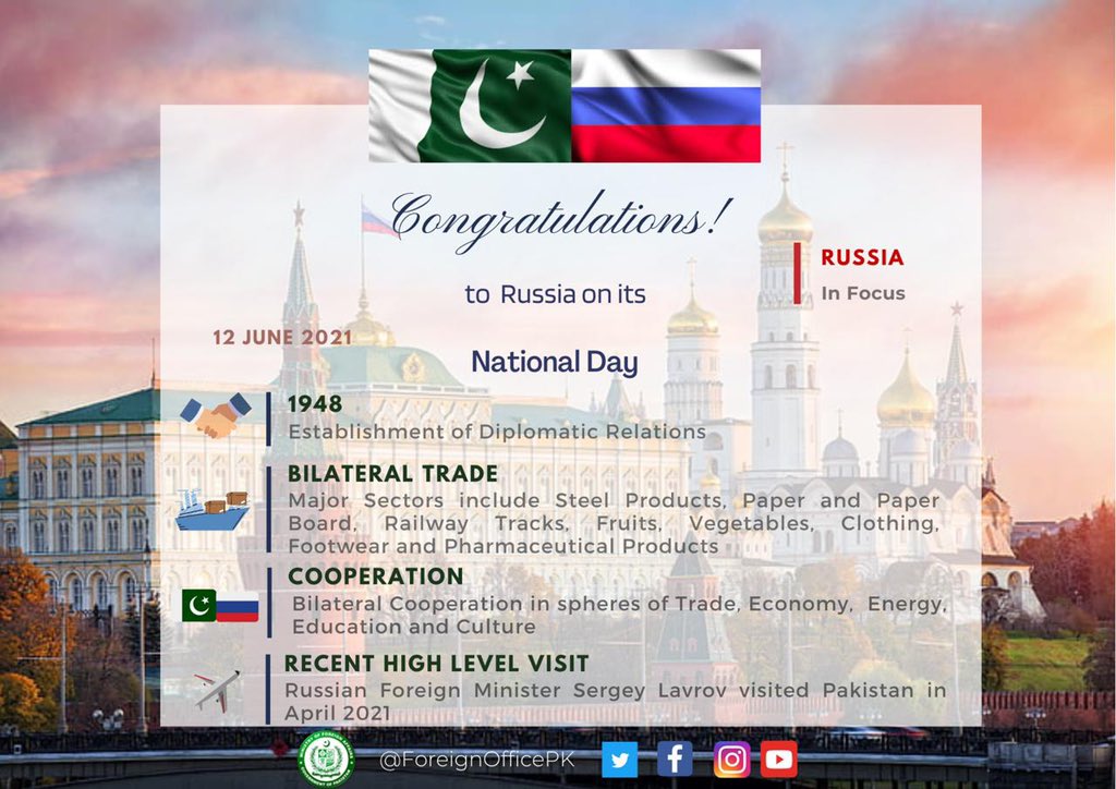 Spokesperson Mofa On The Occasion Of National Day Of Russia We Extend Heartfelt Felicitations To Its Government And People Mfa Russia Pakinrussia T Co Qojr8m4fcz Twitter