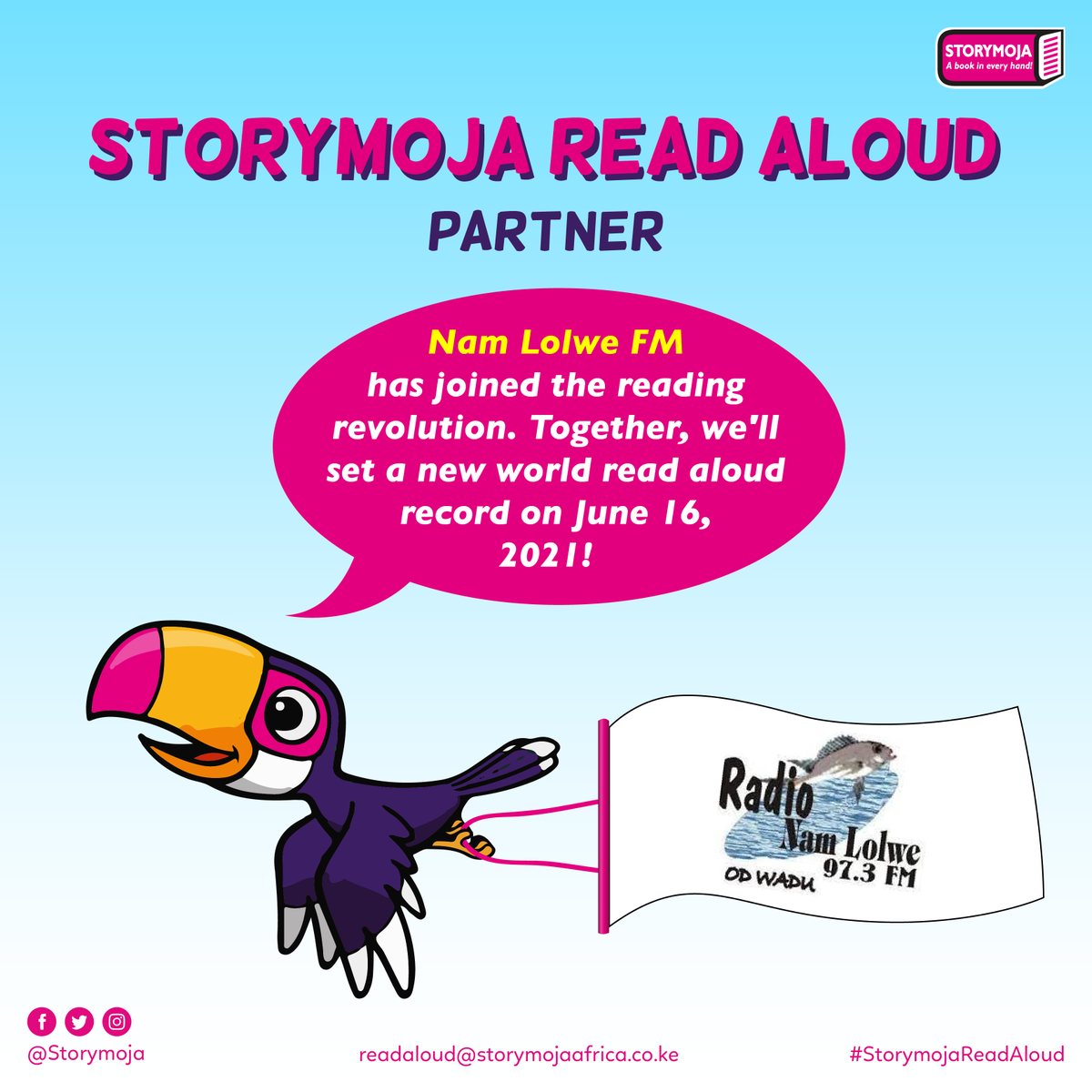Storymoja's tweet photo. Radio Nam Lolwe - a vernacular radio station based in Kisumu city and broadcasting in Luo language - has joined the #StorymojaReadAloud reading revolution. Together, we'll set a new read aloud record on June 16, 2021. https://t.co/qZrFig6pGp