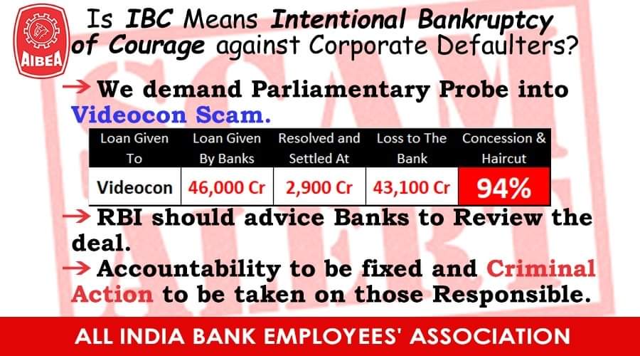 RedWingsNileshk's tweet photo. Nirmala Sitharaman Ministry of Finance, Government of India 

Is IBC means Intentional Bankruptcy of Courage against Corporate Defaulters..?

People's Money For People's Welfare and not for Corporate loot
#VideoconScam
#CorporateLoot
#AIBEA https://t.co/2cNzBxGNMP