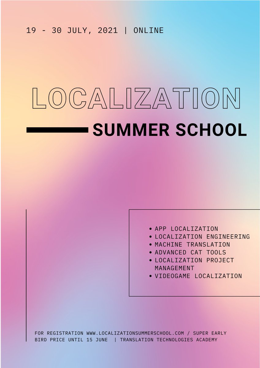 **Last 3 days in our super early bird fees!**
Registration: localizationsummerschool.com
Boost your #translation and #localization career with our summer school; learn #app, #game, #software, #website #l10n and advanced #cattools, #python, #FreeandOpenSourceSoftware for translators.