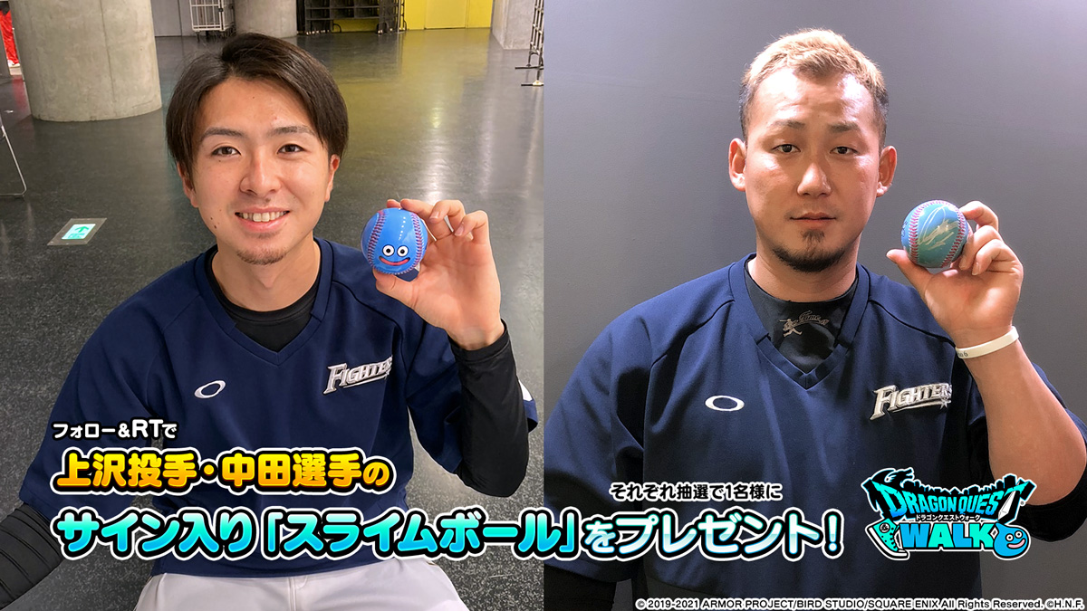 ドラゴンクエストウォーク公式 على تويتر 6 13パ リーグ6球団コラボ試合 5 フォロー Rtで北海道日本ハムファイターズ上沢投手 中田選手サイン入り スライムボール を各1名の方にプレゼント 応募は6 13 日 23 59まで Dqウォーク Lovefighters サイン入り