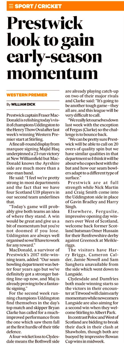 <a href="/Pwick_Cricket/">Prestwick C.C.</a> make <a href="/TheScotsman/">The Scotsman</a> #Headlines <a href="/FraserMacd_/">Fraser Macdonald</a> <a href="/MajidHaq/">Majid Haq</a> v <a href="/UddyCricket/">Tunnock's Uddingston</a> <a href="/Breebs7/">Bryan Clarke</a> <a href="/FerguslieCC/">M8DrivingFerguslie CC</a>  <a href="/ranaomerhussain/">Omer Hussain</a> v <a href="/Greenockcricket/">Greenock CC</a> <a href="/JHempsey/">jonathan hempsey</a> <a href="/KenGodsman/">Kenny Godsman</a> <a href="/poloccricket/">Poloc Cricket Club</a> v <a href="/WoSCC/">McCrea FS West of Scotland Cricket Club</a> <a href="/WDCUcricket/">WDCU</a>