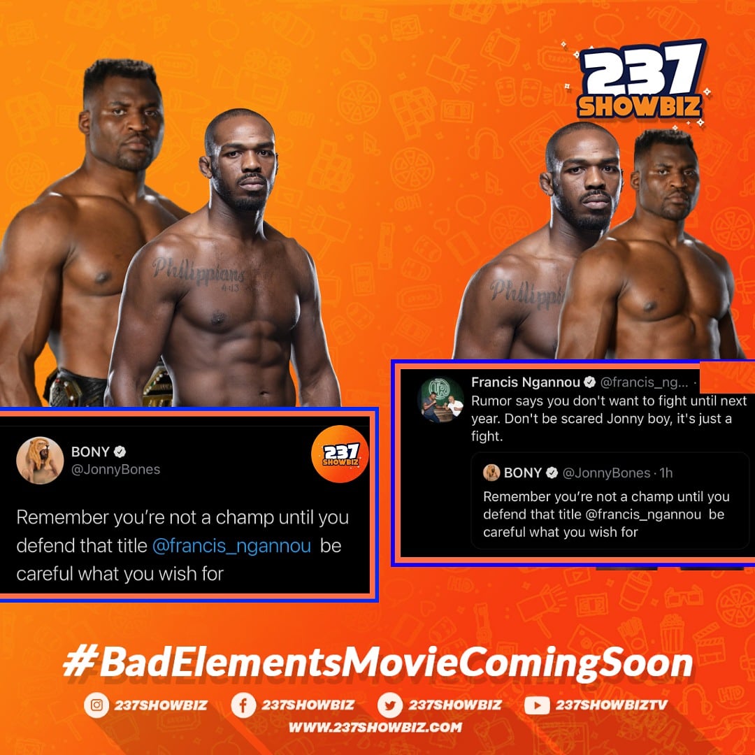 237Showbiz's tweet photo. [Screenshot Series]

UFC fighter @JonnyBones tells UFC champion @francis_ngannou that he is not a champion until he defends that title and so he should be careful with what he wishes for 

Thoughts ?

#237showbiz #WeYamo #Cameroon #screenshotseries https://t.co/qJfGYswx9m