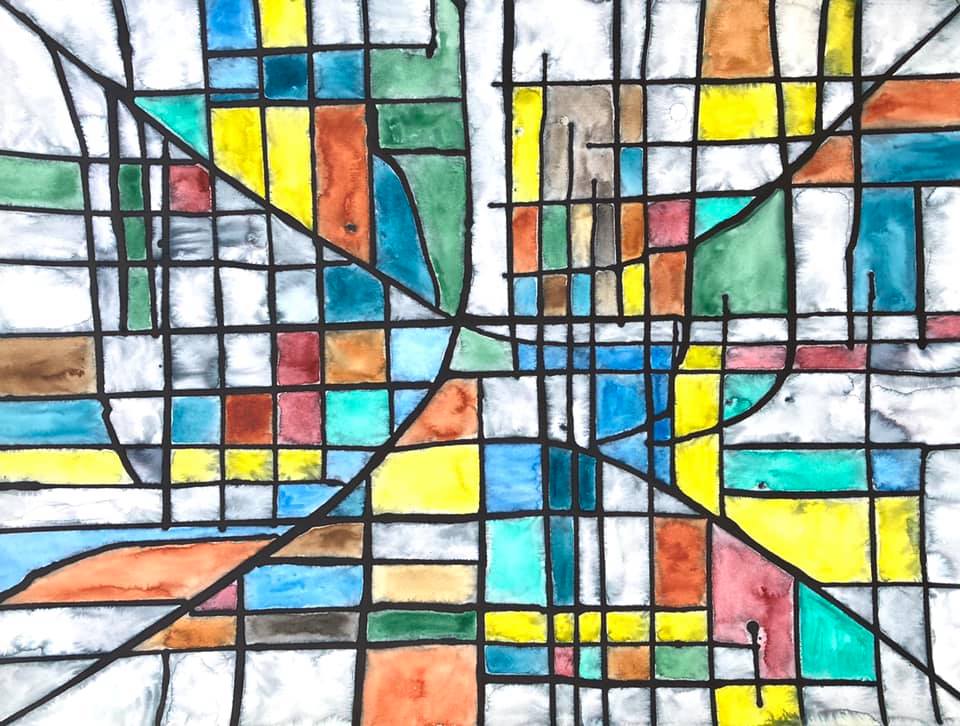 Jes Reyes Art 
Intersection
watercolor on paper
22"x 30"
.
Check out their art profile at: ow.ly/4VSp50DsFC9
.
.
#stpaulartcollective #stpaul #localartist #watercolor #grids #aerialview