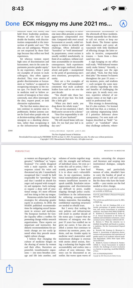 I wrote this article for my own catharsis. I never expected it to be peer reviewed. When @NEJM accepted it, I experienced my first panic attack. 1/ @WomenInMedicine @WomeninOnc @AMWADoctors @womeninmedchat @WomeninAcademi1