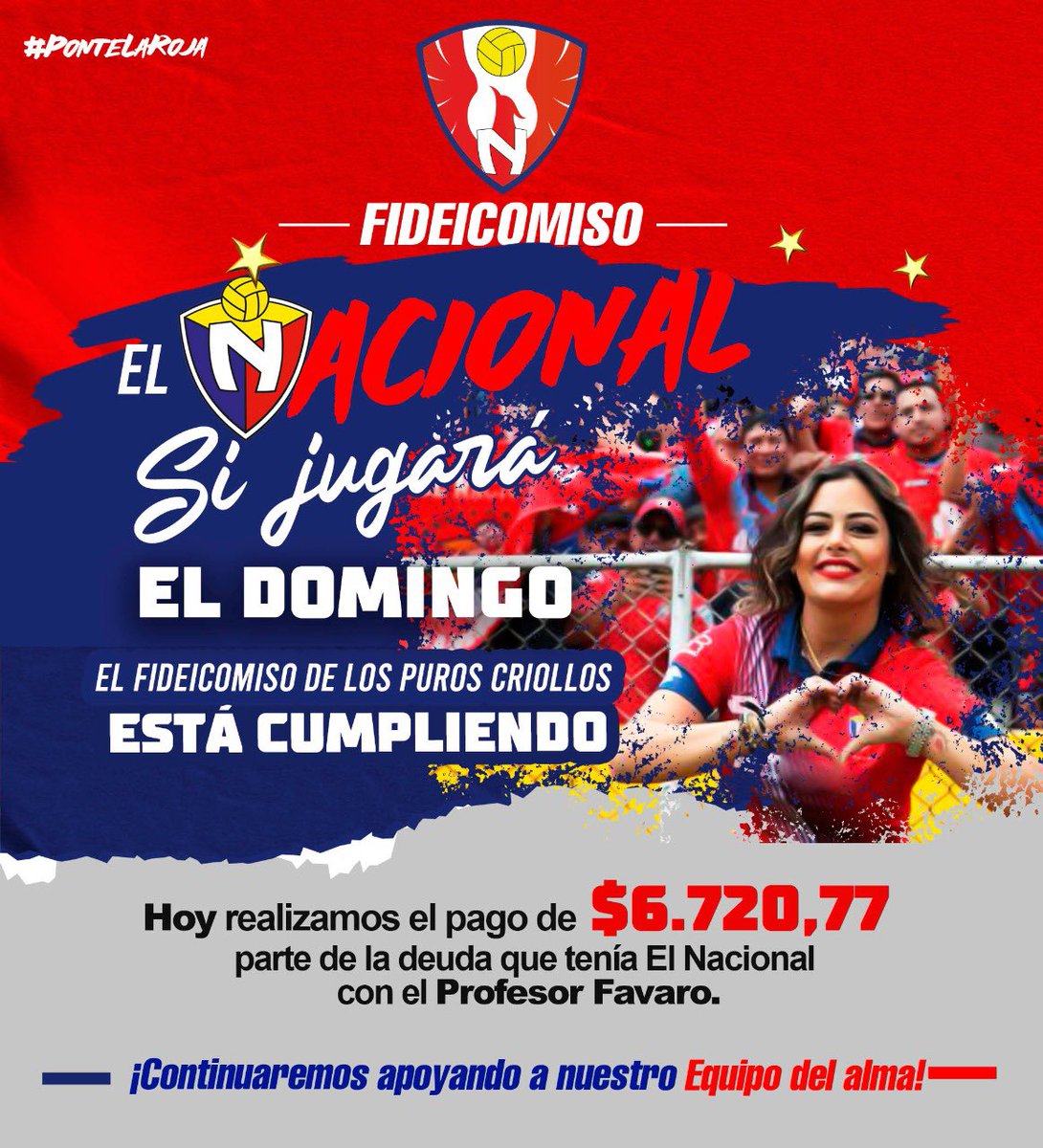 Con el aporte y apoyo de los hinchas semana a semana hemos logrado pagar $6.720.77 de la deuda de <a href="/elnacionalec/">Club Deportivo El Nacional</a>, este es solo el inicio de nuestro apoyo junto al <a href="/Vocero_Bitri/">#Vocero_Bitri</a>.✊🏽Por este pago el domingo podremos ver jugar a nuestro equipo. 

🔴🔵Unidos por el #ElRetornoDeLaGloria