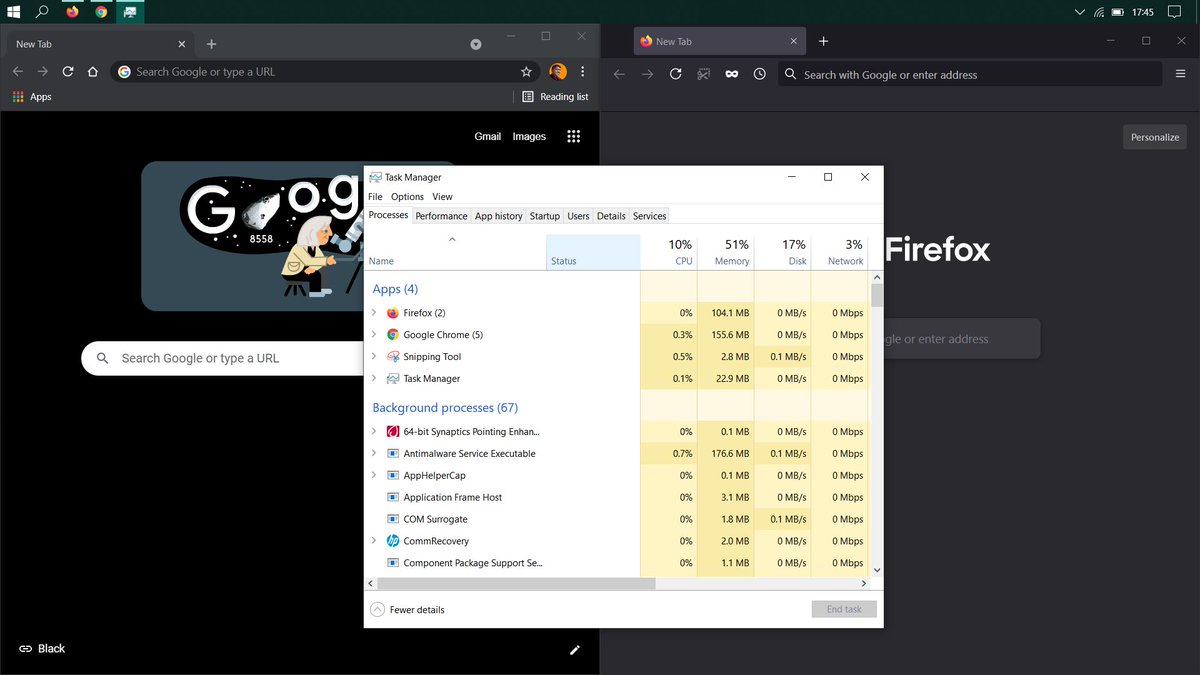 YuvrajPaiKhot's tweet photo. Tried an experiment at home with @googlechrome and @firefox . Wanted to see which browser is a #MemoryHog
P.S. Results are shocking!!
β’ I started out by calculating the memory usage on startup. You can clearly see that Chrome uses more memory after startup.
(1/3) https://t.co/O0JpMrWBMs