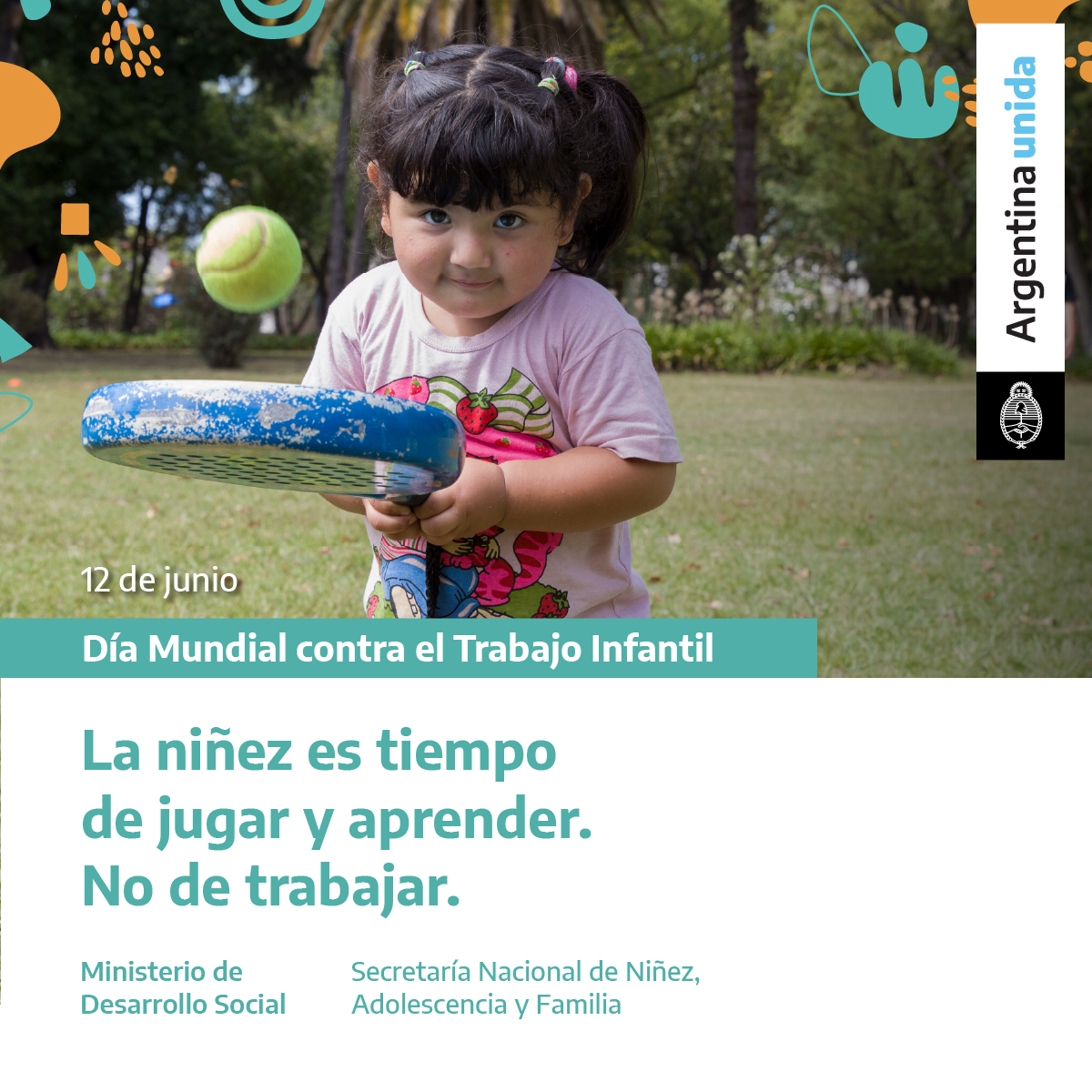 MDSNacion's tweet photo. 12 de junio: #DiaMundialContraElMaltratoInfantil. El trabajo infantil vulnera los derechos de chicas y chicos. La niñez es momento de jugar y aprender. https://t.co/kvjo7JJx5X
