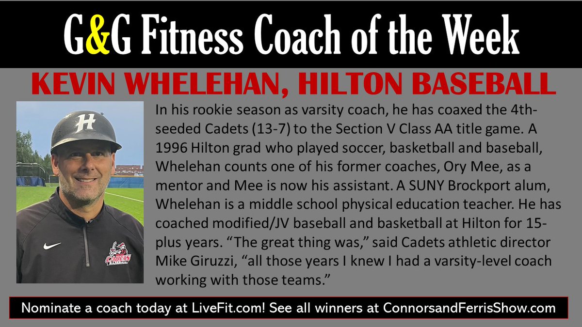 Jeff DiVeronica (@rocdevo) on Twitter photo It's a Red-and-Black kinda Saturday.
Congrats to <a href="/HiltonVBaseball/">Hilton Baseball</a> 's Kevin Whelehan, our <a href="/GandGFitnessEq/">G&G Fitness Equip.</a> Coach of the Week, on the Connors & Ferris High School Sports Show!
FYI, he was the pick win or lose on Friday.
#truestory It's a Red-and-Black kinda Saturday.
Congrats to <a href="/HiltonVBaseball/">Hilton Baseball</a> 's Kevin Whelehan, our <a href="/GandGFitnessEq/">G&G Fitness Equip.</a> Coach of the Week, on the Connors & Ferris High School Sports Show!
FYI, he was the pick win or lose on Friday.
#truestory