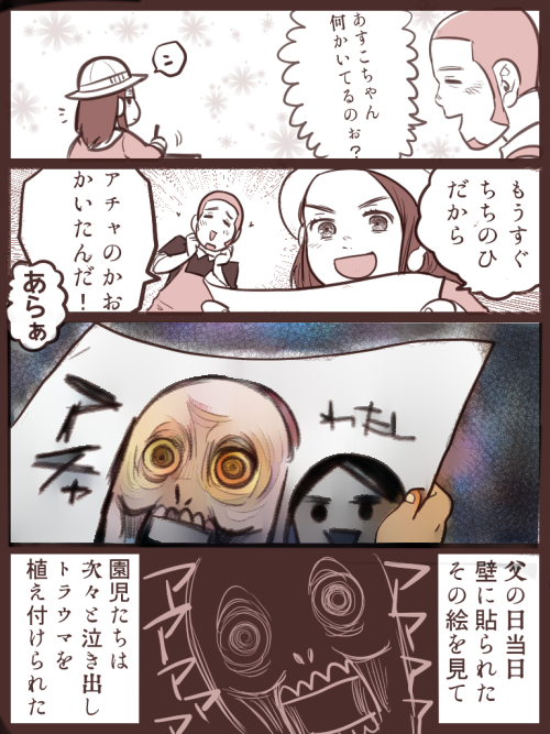 #ゴールデンカムイ版深夜の真剣お絵描き60分一本勝負 
【父の日】
アシリパさんの絵のうまさがかえって子供たちの心を深く傷つけたのだった。 