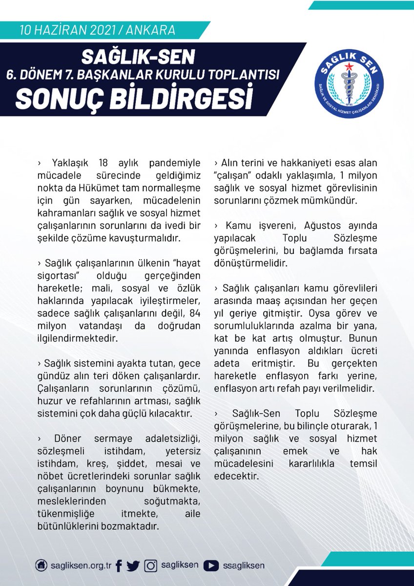 Sağlık-Sen 6. Dönem 7. Başkanlar Kurulu Toplantısı’nın Sonuç Bildirgesi kamuoyuyla paylaşıldı.
#SağlıkSenBaşkanlarKurulu 
⤵️
sagliksen.org.tr/haber/10114/sa…