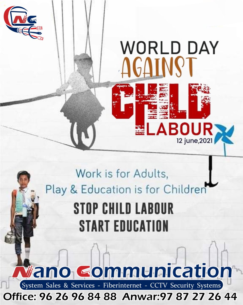Today's child is tomorrow's future.

Don't let a child's valuable childhood lost in labour. Support them and let them fly high. 

Act now: end child labour.

#WorldDayAgainstChildLabour #nanocommunication #nanofibernet #wearamask #StayHomeStaySafe