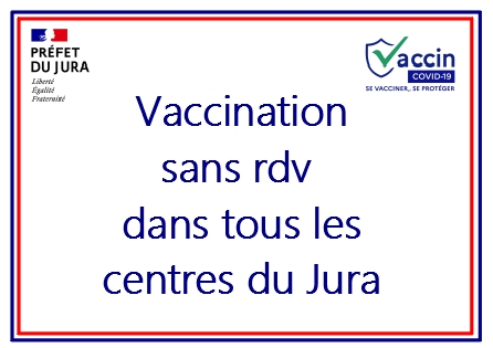 #COVID19
📍 La #vaccination (au Pfizer) est dorénavant possible SANS RENDEZ-VOUS, dans TOUS les centres du #Jura.
💉Le rendez-vous pour la seconde injection sera fixé sur place.
➡️ Pensez à vous munir de votre carte vitale et d'identité !