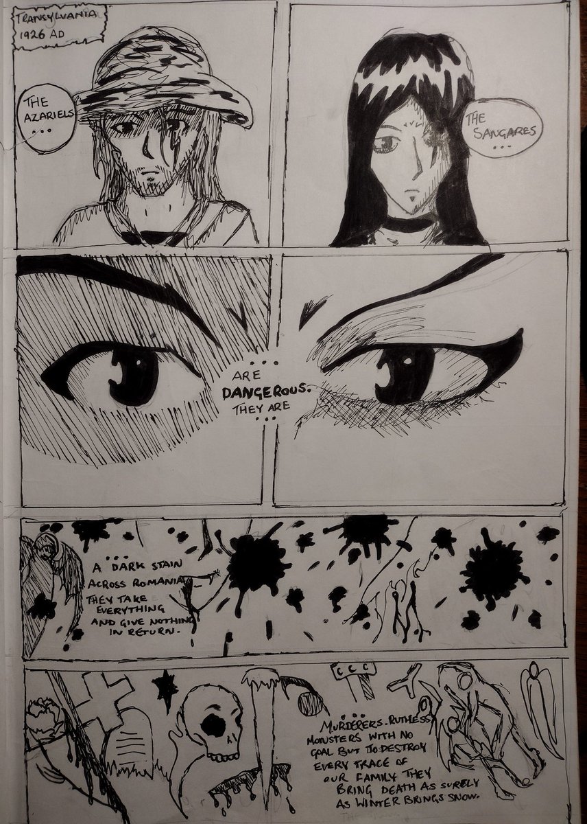 r_e_wilkinson's tweet photo. Idk why but last night I got the overpowering urge to #Redraw this Cliché Vampire Manga I did when I was 13. Initial commentary: 2006 me had pretty good layout concepts (except for going FUCK IT THROW SOME GOTH SHIT IN THERE) and an impressive commitment to not drawing hands. https://t.co/pXgzmTJuM6