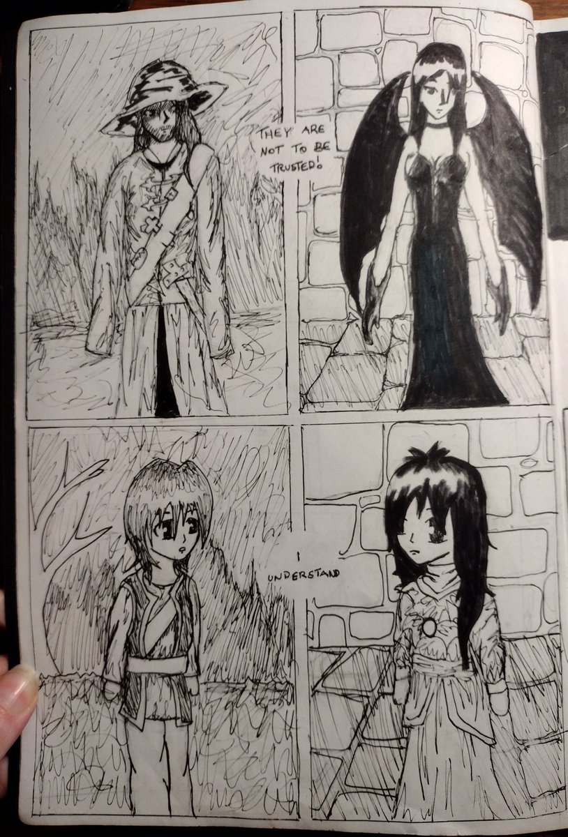 r_e_wilkinson's tweet photo. Idk why but last night I got the overpowering urge to #Redraw this Cliché Vampire Manga I did when I was 13. Initial commentary: 2006 me had pretty good layout concepts (except for going FUCK IT THROW SOME GOTH SHIT IN THERE) and an impressive commitment to not drawing hands. https://t.co/pXgzmTJuM6