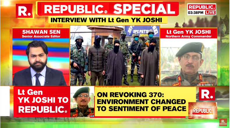 republic's tweet photo. #ForcesFirstNoCompromise | 'The violence parameters have gone down in Kashmir. The residual terrorist strength has also gone down and as of now is approximately 200': Northern Army Commander Lt Gen YK Joshi https://t.co/B2uCsFLB2c