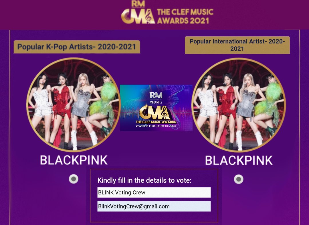 BlinkVotingCrew's tweet photo. 📥 THE CLEF MUSIC AWARDS 2021

📣 Use all your EMAILS &amp; VOTE in all categories to be able to cast your votes for @BLACKPINK. Lets take this voting seriously!

✓ Popular K-pop Artist
✓ Popular International Artist

🔗https://t.co/j0CMZADZIB

#PremiosMTVMIAW #MTVLAKPOPBLACKPINK https://t.co/RnnOD1PkqF