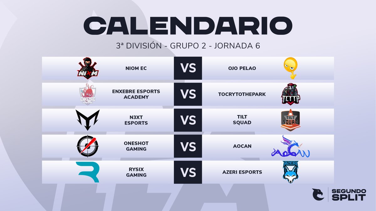 ¿Más partidos de Superweek? Sí

🏆3ª Div - G2 - #LEAJ6

♦️ <a href="/NiomEC_/">NIØM 🥷</a> vs OjoPelao
♦️ <a href="/EnxebreEsports/">Enxebre Esports</a> Academy vs <a href="/ToCryToThePark2/">ToCryToThePark</a> 
♦️ <a href="/N3xT_GG/">N3xT eSports</a> vs <a href="/TiltSquadx/">TILT SQUAD</a> 
♦️ @1ShotEC vs <a href="/Aocan_/">Aocan</a> 
♦️ @rysixgg_esp vs <a href="/Azeri_Esports/">Aᴢᴇʀɪ Esᴘᴏʀᴛs Kʟᴜʙᴀ</a> 

ligaesportsamateur.es | #TusPrimerosPasos