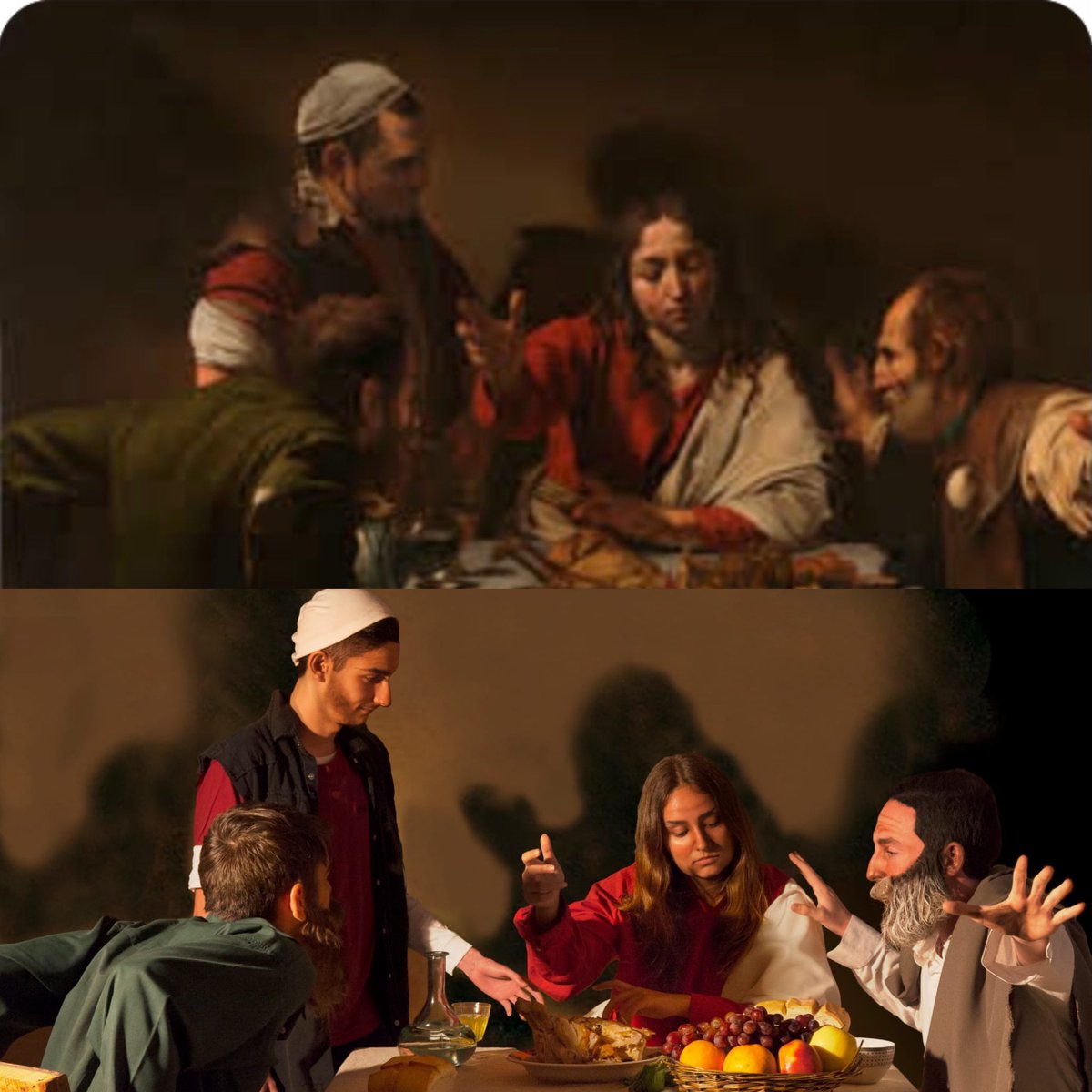 IESMediterrane1's tweet photo. Otra recreación de una obra pictórica que tan magistralmente llevan a cabo, año tras año Daniel Antequera y el fotógrafo Arturo Umbria. Agradecer la colaboración del Dpto. de Imagen Personal. Se trata de “Los discípulos de Emaús” de Caravaggio. @EducaAnd @EducaAndInnova #impulsa2 https://t.co/gNeIeIPBdg