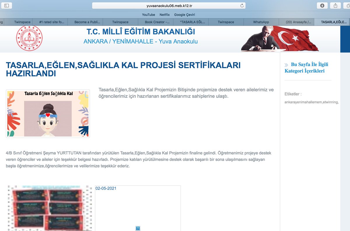 ŞEYMA YURTTUTAN/YUVA ANAOKULU/ANKARA OKUL WEB SİTEMİZDE SERTİİFKA HABERİMİZ YAPTIK