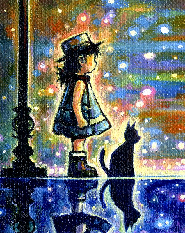 アトリエアイリス 油絵 塗り完成 画題 新たな旅立ち イラストフィルムになってイベント販売中 少女 猫 油絵 イラスト オリジナル 旅 風景 星