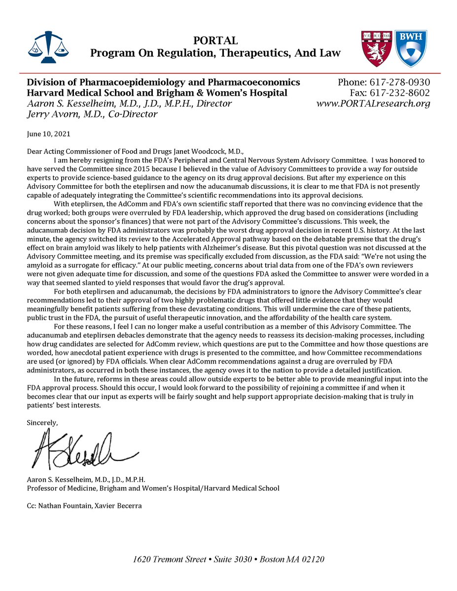 Thank you for the support. I'm attaching my resignation letter to help change how FDA solicits and integrates AdComm input. It's gratifying how many of you like me care deeply about the FDA and its intended role in promoting high quality science and therapeutics. More to come...