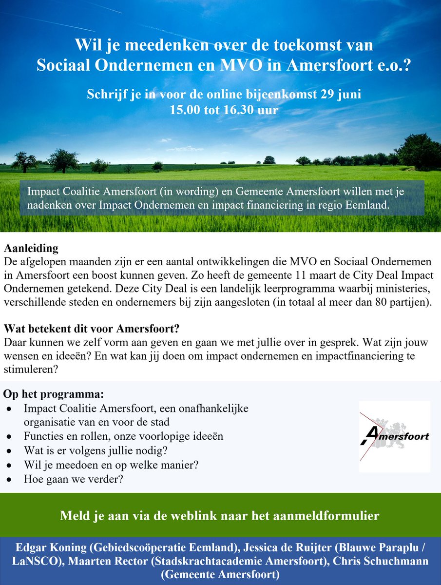 Platform SO Amersfoort wordt Impact Coalitie Amersfoort. Schrijf je in voor 29 juni. We introduceren dan online de City Deal Impact Ondernemen en hoe we samen met ondernemers en investeerders SO, MVO en SROI willen gaan stimuleren: Schrijf je snel in: forms.gle/gE3yFhuhUcaQvX…