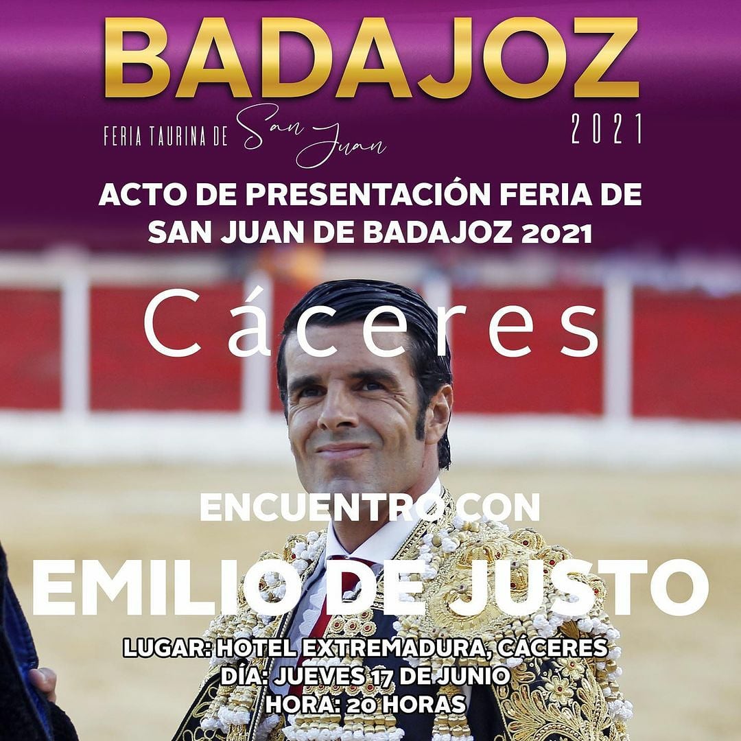 afitauro's tweet photo. El torero @EmiliodeJusto protagonizará un encuentro con los aficionados con motivo de la Feria de Badajoz. El acto tendrá lugar el próximo jueves 17 de junio a las 20 h en el Hotel Extremadura de Cáceres . Entrada libre hasta completar aforo. https://t.co/rUYclQFvA8