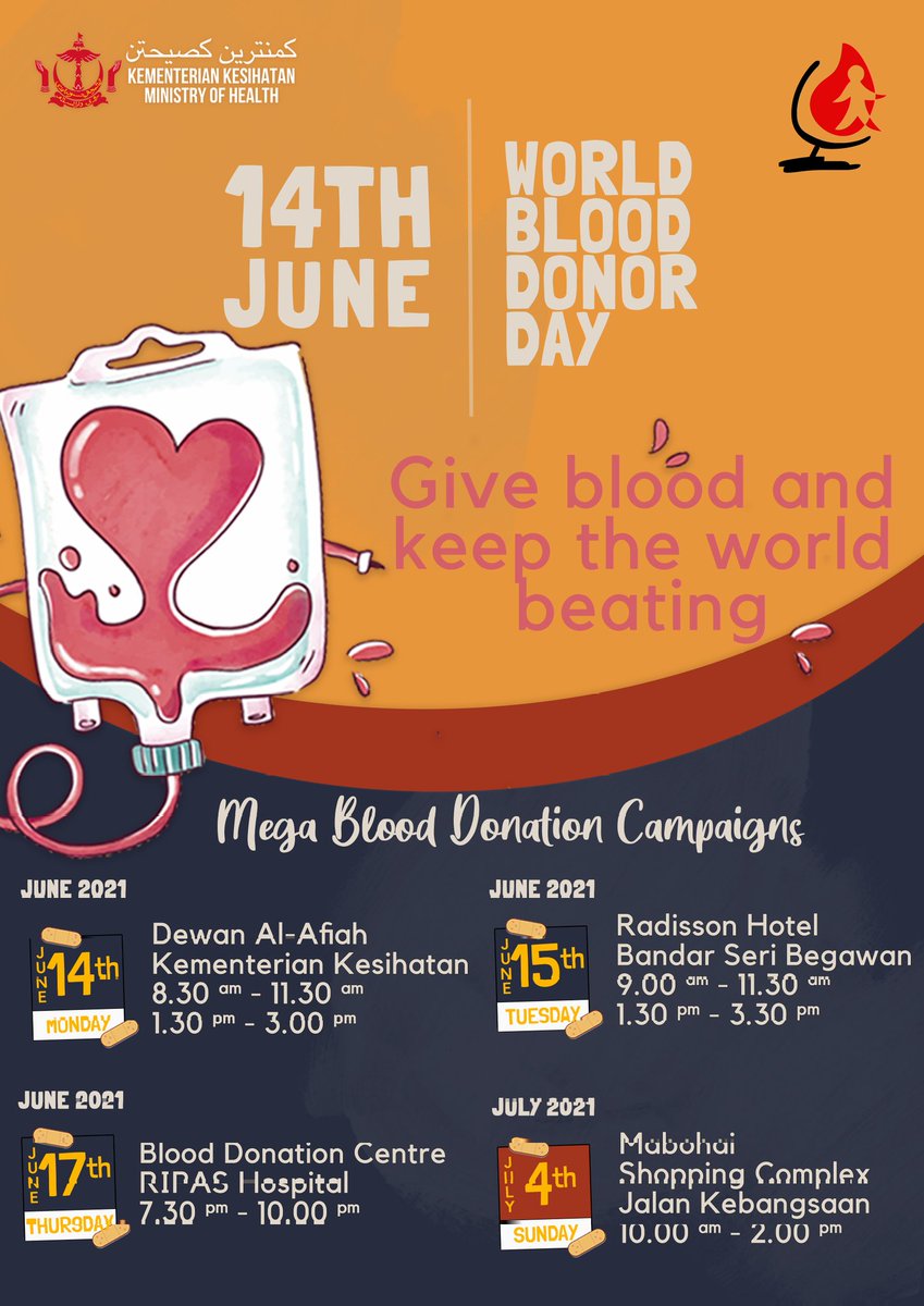 BloodBank_RIPAS's tweet photo. WBDD 2021 is just around the corner. Come and join us to celebrate this special day to show our appreciation and thanks to our Heroes, and at the same time, become one yourself by donating blood at the event.
#worldblooddonorday2021 #donateblood #brunei https://t.co/8MdIkMZejm