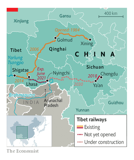 China just finished 435km of railway line, through Himalayas half under tunnels, at altitudes close to Everest base camp (5000m), speeds up to 163kph as part of its infrastructure incorporation of Tibet. Now, what was that about the Jobs Plan and Amtrak?   economist.com/china/2021/06/…