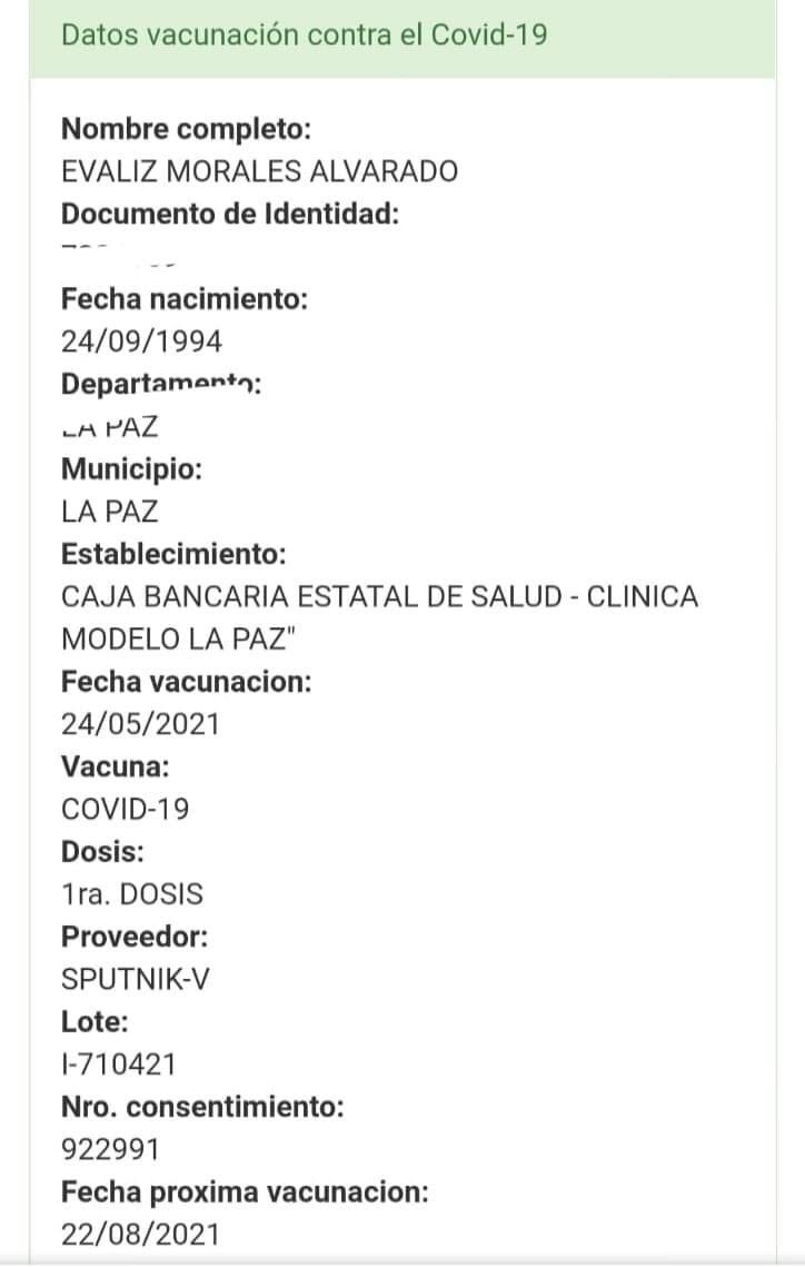 twittterologo's tweet photo. Si ud. Se vacuno con la primera dosis verifique su certificado https://t.co/XfzT60GZ6U
Este es el certificado de Vacunación de Eva liz Morales llama la atención que ella tiene recién 26 años, tendrá enfermedad de base?? O es personal de salud ?? https://t.co/87xPfuCk3O