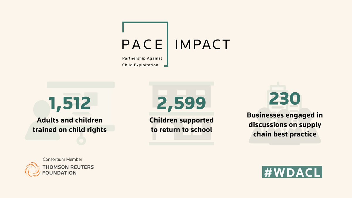 TRF's tweet photo. PACE identifies strategies for tackling the worst forms of child labour across four areas of work:

🧒 Empowering children to resist exploitation
🏫 Identifying alternatives to #ChildLabour
⚖️ Supporting the justice sector
📊 Strengthening private sector due diligence https://t.co/3PvfEWwACL