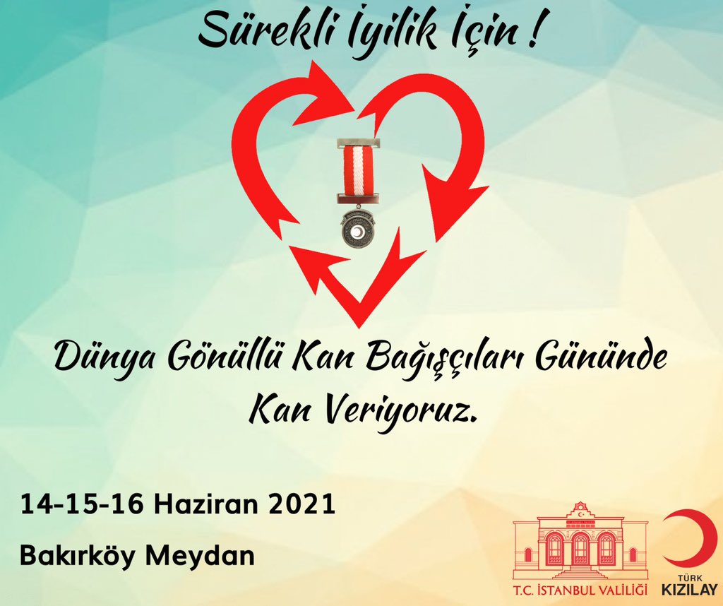 Sürekli İyilik İçin !
Dünya Gönüllü Kan Bağışçıları Gününden Kan Veriyoruz.
📆14-16.06.2021
🕤09.00-21.00