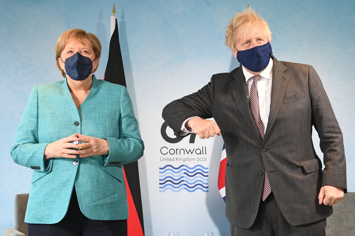 POLITICOEurope's tweet photo. The G7 is ongoing in Cornwall, so while we wait for, err, more to come out of the meeting, we thought we'd do a round up the best pictures so far.

Let's kick off with this non-reciprocated "elbowshake" between Angela Merkel and Boris Johnson. https://t.co/xLoH06sLoi