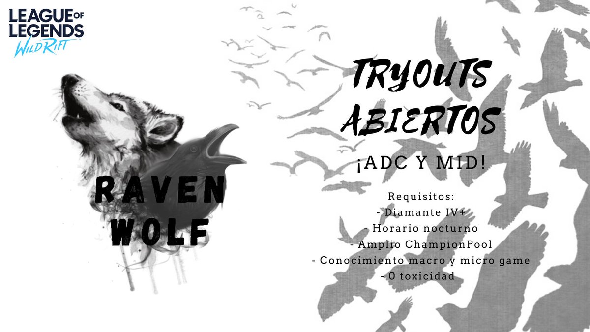 RavenWolfeSport's tweet photo. ‼️TRYOUTS ABIERTOS‼️

#BuenasTardes animalillos, nos falta ADC y MID para cerrar roster de #WildRift (EUW).

Interesados contacten por #MD, se agradece #Rts.

@AyudaFichajes @ayuda_amateur @LaWildrift @wildrift @wildriftES @wildriftESP @LookingForTeam_  #RavenWolf 🖤🤍 https://t.co/Lj5nIF98X5