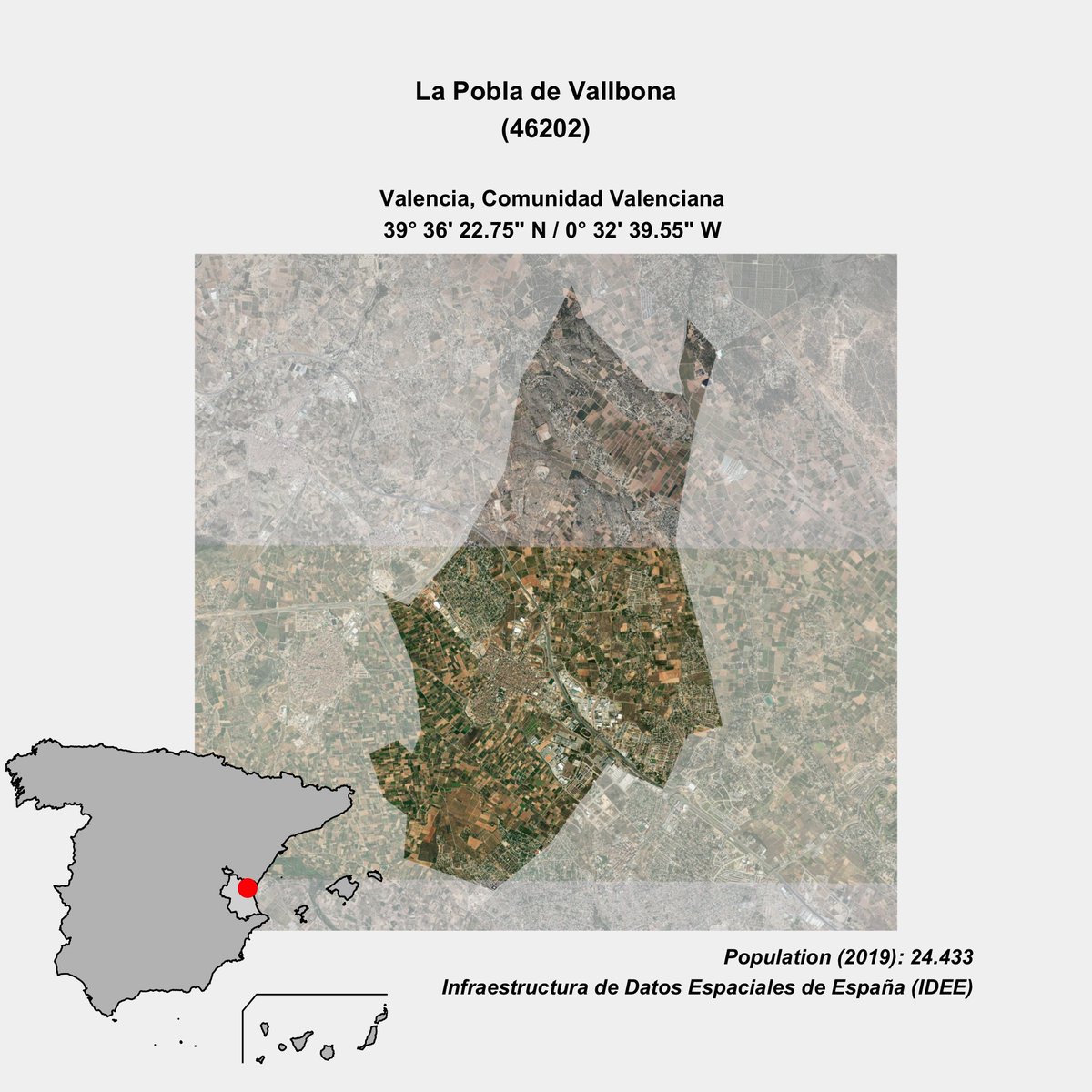 spainmunic's tweet photo. La Pobla de Vallbona (46202), Valencia, Comunidad Valenciana - 39° 36' 22.75" N / 0° 32' 39.55" W #spainmunic46202 #Valencia Done in #rstats using #tmap, #rspatial, #mapSpain and #rtweet. https://t.co/h2Al4XZci2