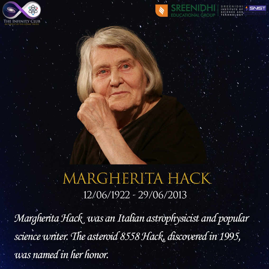 'We act in good conscience because we believe in moral principles, not because we expect an award in Paradise.”
#margheritahack #ladyofstars #theinfinityclubsnist #hyderabad #snist #99thanniversary #googledoodle #tributes #birthday #astronomer #astronomy #philosophy