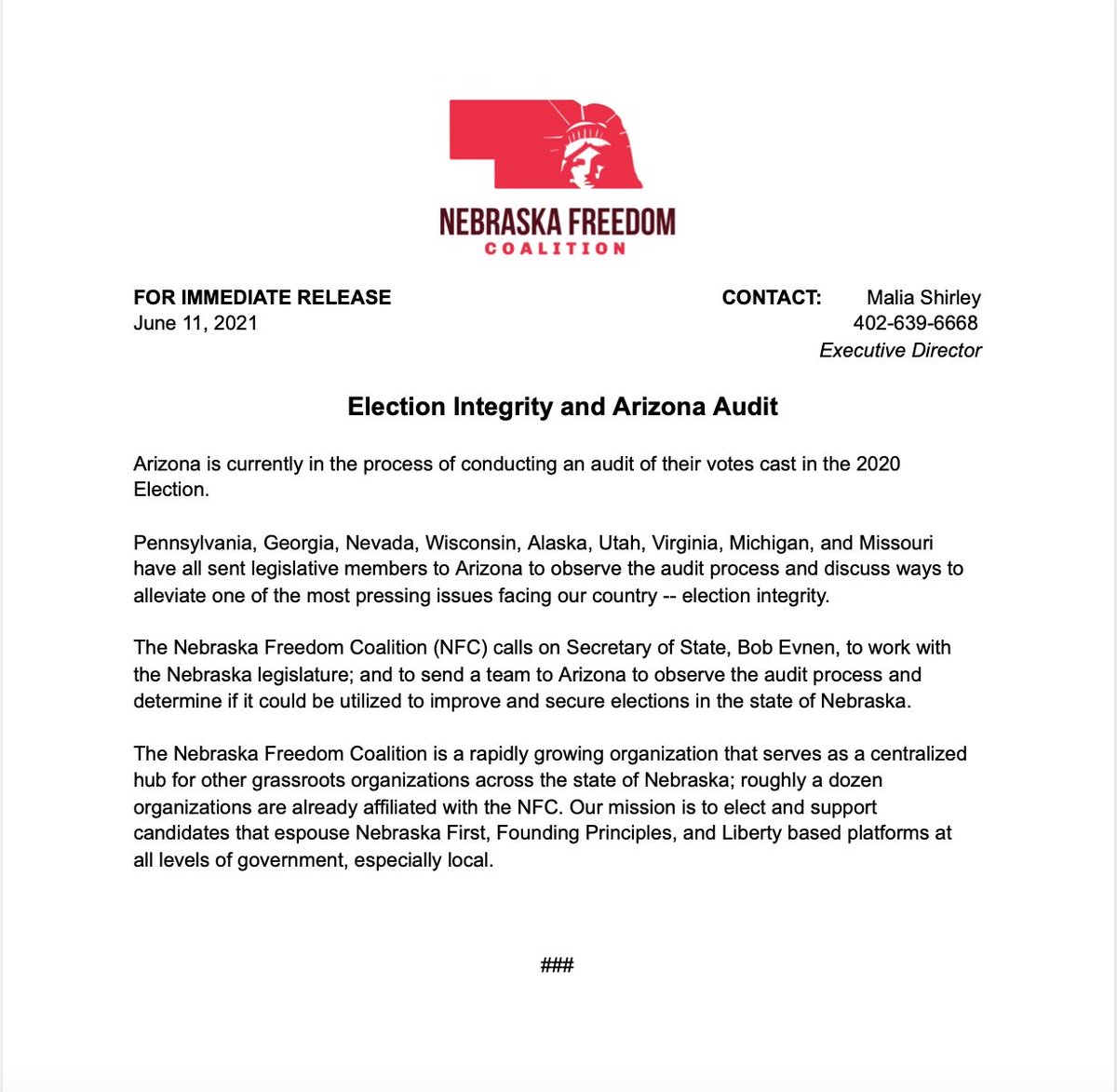 NebraskaFreedom's tweet photo. FOR IMMEDIATE RELEASE: ELECTION INTEGRITY
The Nebraska Freedom Coalition (NFC) calls on Secretary of State, Bob Evnen

The Nebraska Freedom Coalition is a rapidly growing organization that serves as a centralized hub for other grassroots organizations across the state of Nebraska https://t.co/Y7X9AI0416