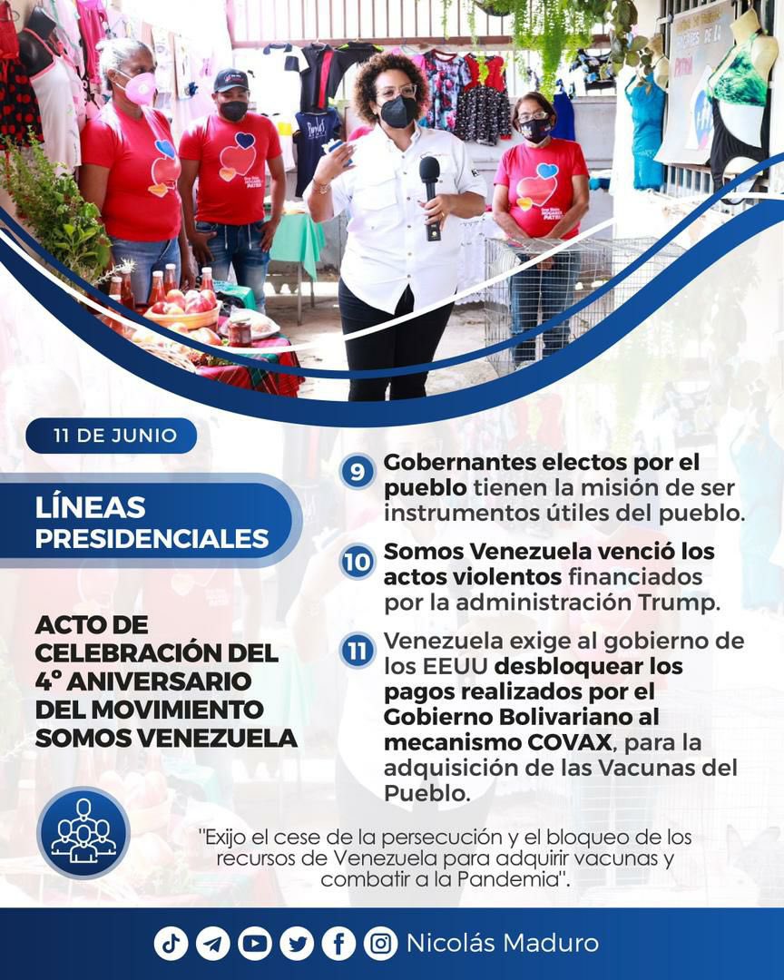 #IMPORTANTE En el marco del 4º Aniversario del Movimiento Somos Venezuela, el Pdte. @NicolasMaduro instruyó #LíneasPresidenciales a estos jóvenes, que son el brazo ejecutor de las políticas de atención social del #CarnetDeLaPatria. Feliz Sábado #12Jun #BuenosDiasATodos